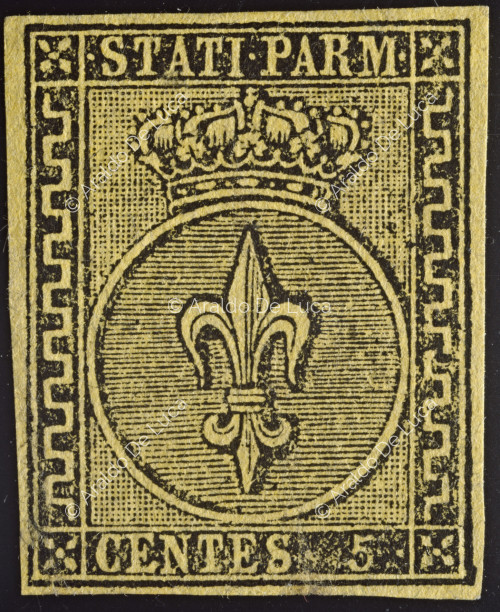 Postage stamp of the Duchy of Parma with the Bourbon-Estonian lily