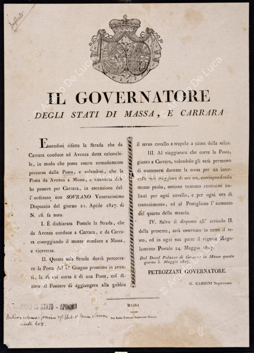 Comunicación del Gobernador de los Estados de Massa y Carrara sobre una carretera postal
