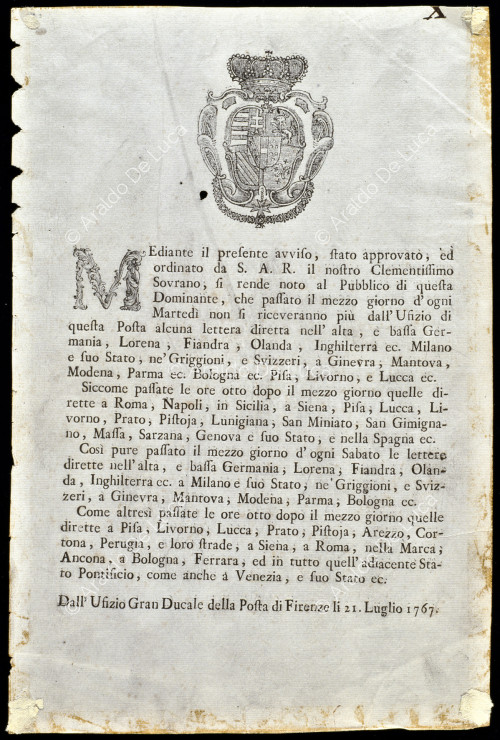 Communication from the Grand Ducal Post Office in Florence of 21 July 1767