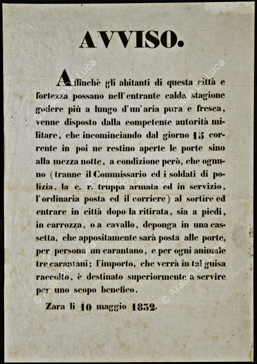 Aviso de la autoridad militar de Zadar, 10 de mayo de 1832
