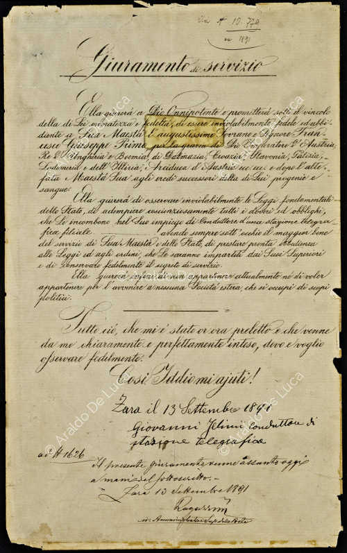 Juramento de un conductor de estación telegráfica, 13 de septiembre de 1891