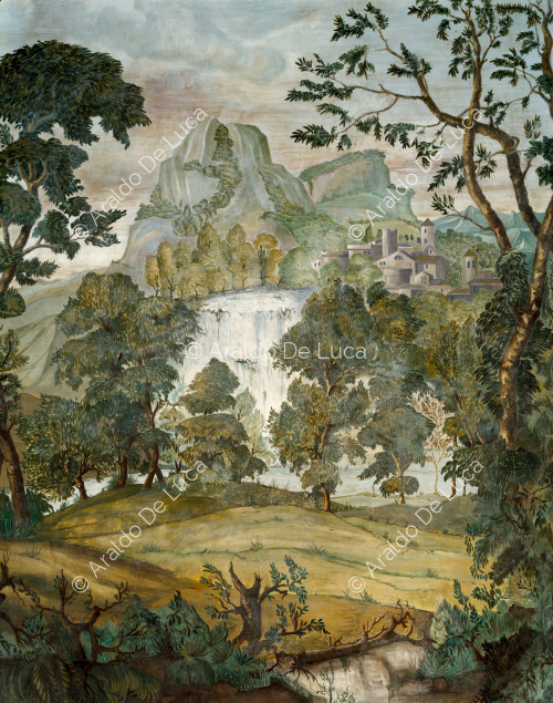 Landscape with waterfall and castle
