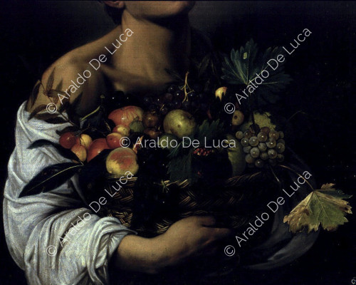 Child with basket of fruit, detail