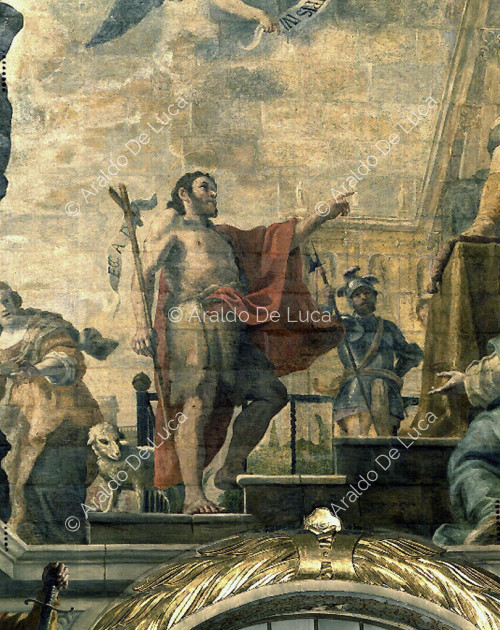 Scenes from the life of St John the Baptist. St. John the Baptist rebukes Herod for his immorality. Detail