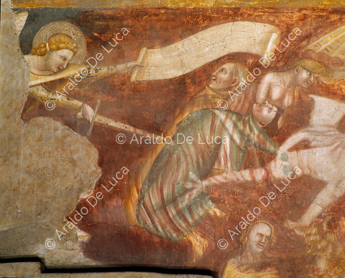 El Juicio Final. Detalle de San Miguel Arcángel empujando a los condenados al infierno.