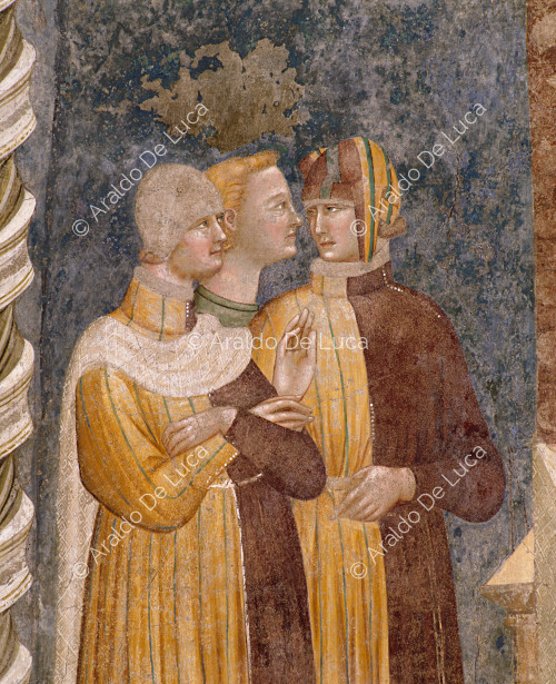 Wunder des heiligen Abtes Guido, der Wasser in Wein verwandelt. Detail mit drei Laien in mittelalterlicher Kleidung
