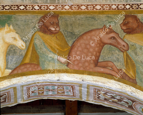 Horsemen with lion heads. Detail