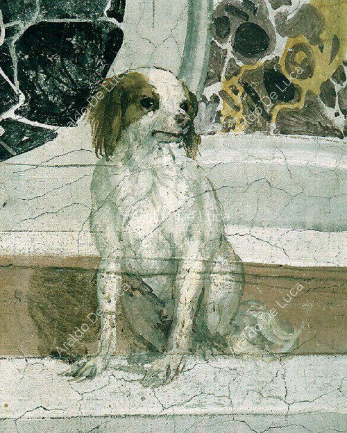 Dog on fake marble plinth