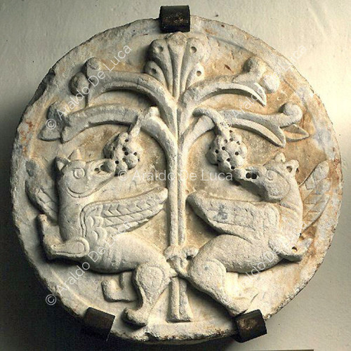Tondo with palm and winged lions