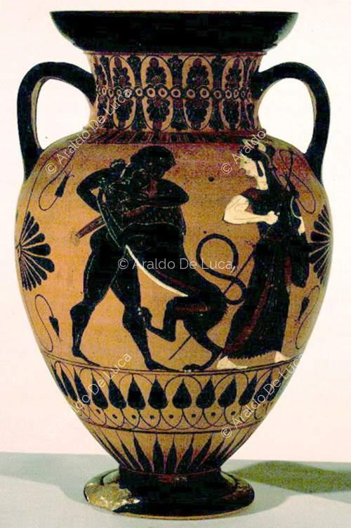 Black-figure Attic amphora with charioteer and chariot