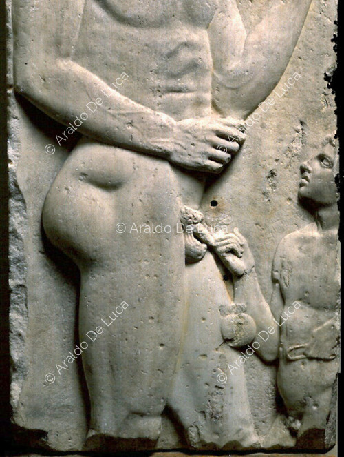 Funerary stele with athlete and servant. Detail