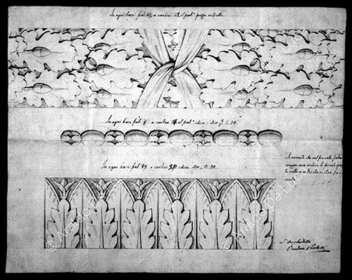 Zeichnung von drei Schnitzereien für die Sockel der Säulen des Thronsaals