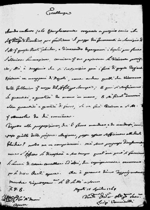 Manuskript von Luigi Vanvitelli, 15. April 1765