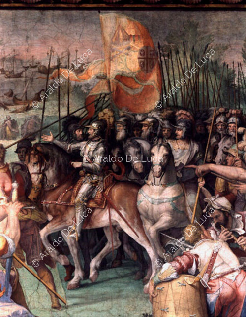 Der Sieg von Pietro Farnese im Jahr 1100 und die Gründung von Orbetello. Detail der Truppen