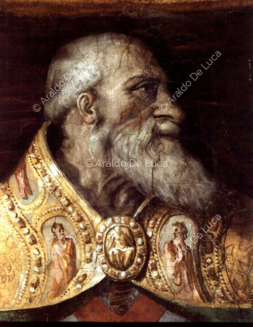 Die Taten von Paul III. Detail des Gesichts des Papstes
