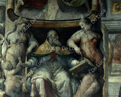 Die Taten von Paul III. Detail mit dem thronenden Papst Paul III. zwischen den Allegorien der Religion und des Friedens