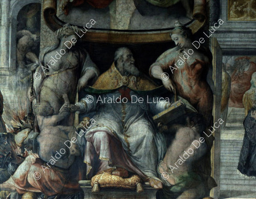 Die Taten von Paul III. Detail mit dem thronenden Papst Paul III. zwischen den Allegorien der Religion und des Friedens