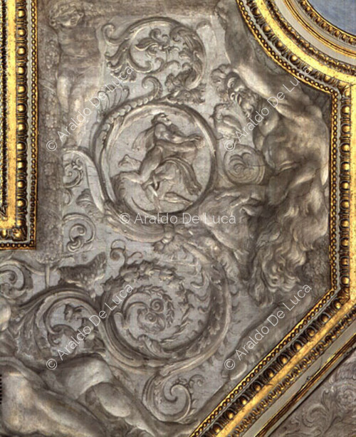 Le Camerino d'Hercule. Fresque de la voûte avec des télamons en imitation de marbre. Détail