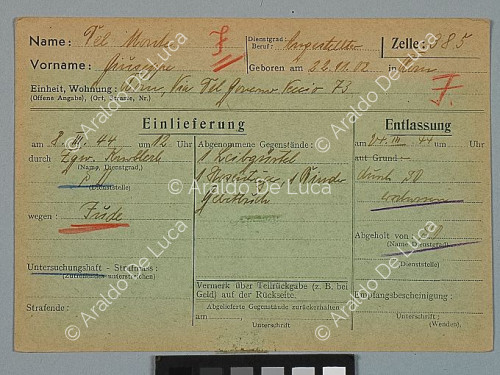 Aufzeichnungen des deutschen Kommandos in der Via Tasso über jüdische Gefangene
