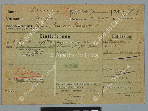 Aufzeichnungen des deutschen Kommandos in der Via Tasso über jüdische Gefangene