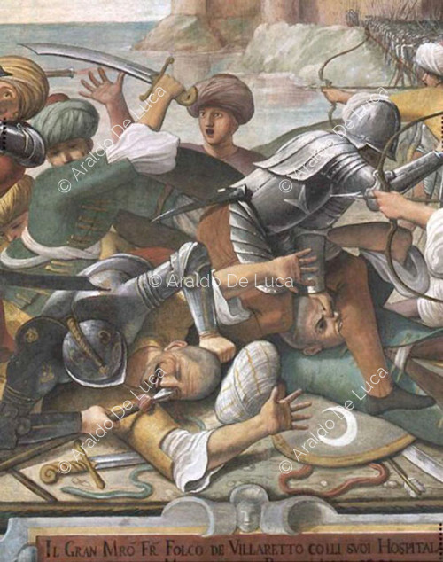 Storie dei Cavalieri dell'Ordine di Malta. Battaglia del Gran Maestro Folco di Villaret 1309. Particolare