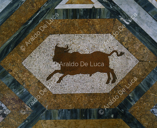 Villa Torlonia. Boden mit Mosaik. Detail mit Stier