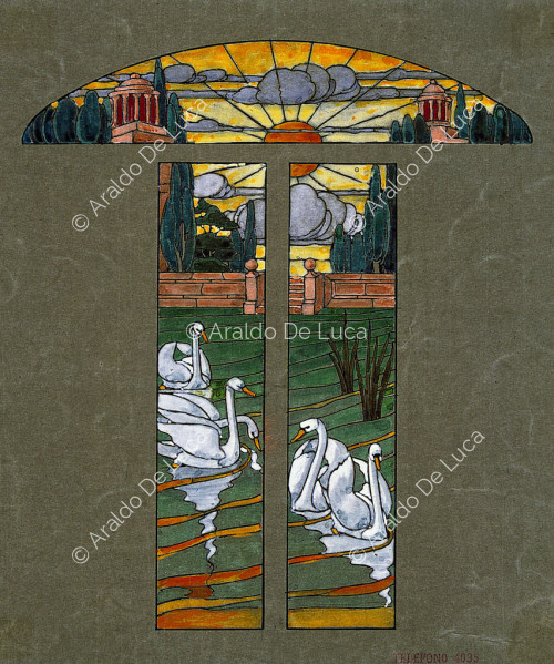 Little House of Owls. Stained-glass window with lake and swans