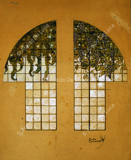 Little House of Owls. Stained glass window with vine shoot