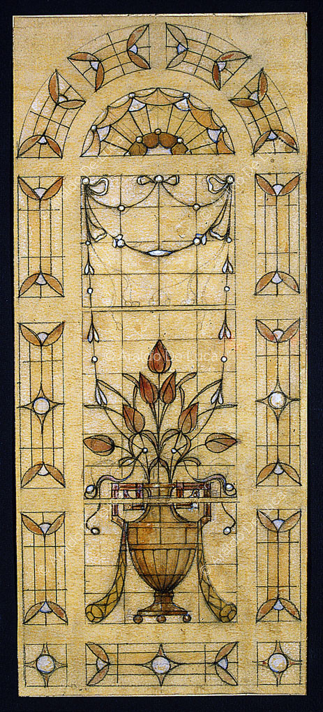 Little House of Owls. Stained glass window with tulips
