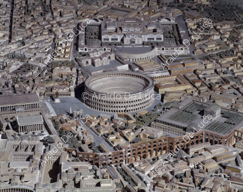 Model of Imperial Rome. Detail with the Colosseum and the Ludus Magnus