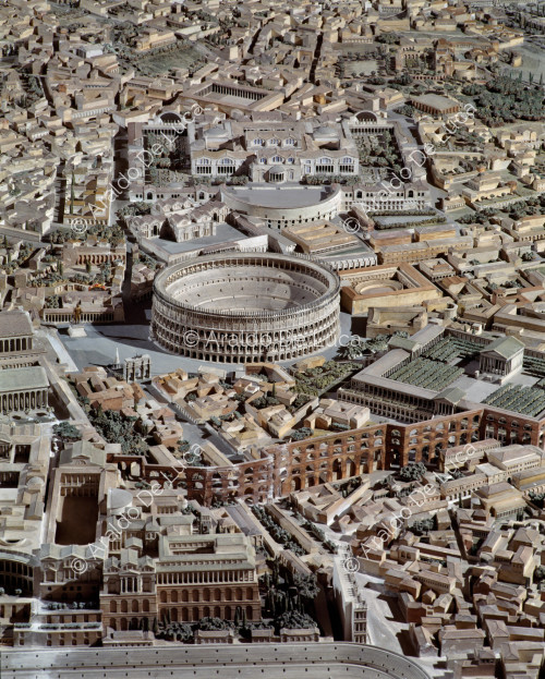 Maquette de la Rome impériale. Détail avec le Colisée et le Ludus Magnus