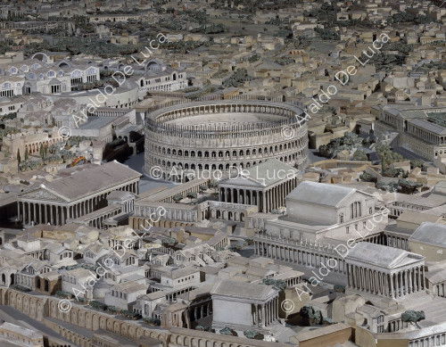 Model of Imperial Rome. Detail with the Colosseum, the Temple of Venus and the Temple of the Caesars