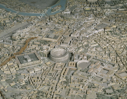 Model of Imperial Rome. Detail with the Colosseum and the Imperial Forum