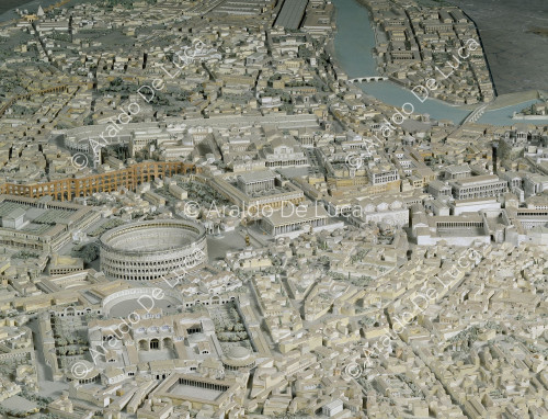 Maquette de la Rome impériale. Détail avec le Colisée et le Forum impérial