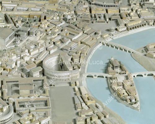 Model of Imperial Rome. Detail with the Tiber Island