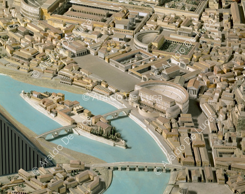 Model of Imperial Rome. Detail with the Tiber Island