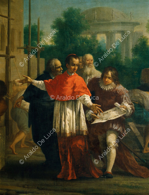 Architect with cardinal in front of a church