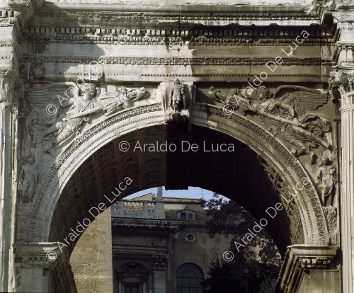 Arch of Septimius Severus. Detail of the upper pediment