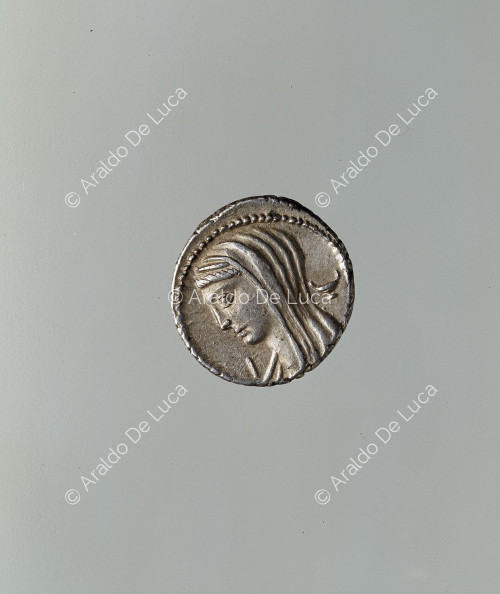 Cabeza velada de Vesta, denario romano republicano de L. Cassius Longinus