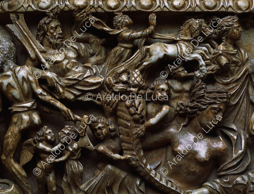 Child's sarcophagus with the myth of Prometheus. Detail