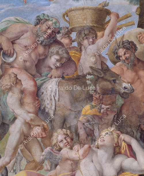Galería de los Carracci. Fresco de la bóveda con el Triunfo de Baco. Detalle con sátiro y Bacantes