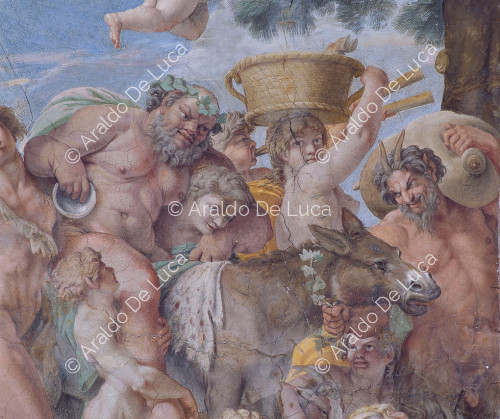 Galería de los Carracci. Fresco de la bóveda con el Triunfo de Baco. Detalle con Sátiro y Bacantes