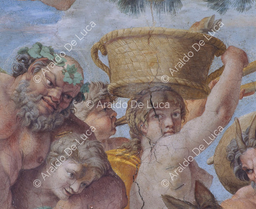 Galería de los Carracci. Fresco de la bóveda con el Triunfo de Baco. Detalle con Sátiro y Bacante