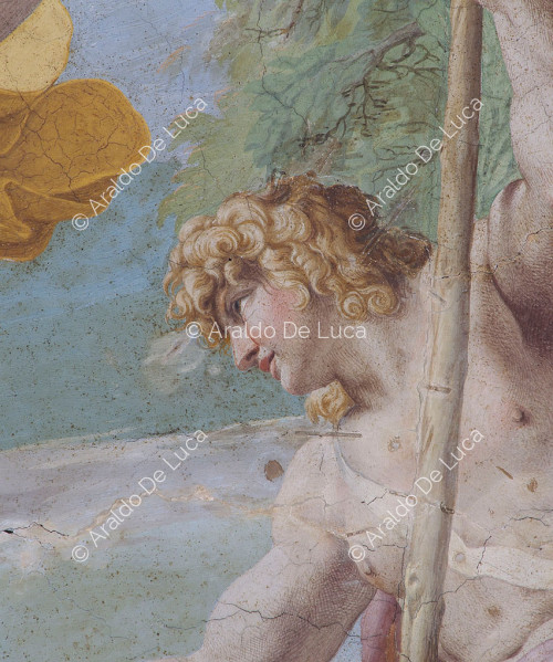 Galería de los Carracci. Fresco de la bóveda con Paris y Mercurio. Detalle con Paris