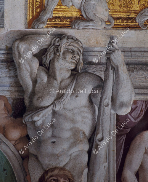 Galería de los Carracci. Fresco de la bóveda. Detalle con estatua de Hercules monocromo