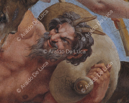 Galería de los Carracci. Fresco de la bóveda con el Triunfo de Baco. Detalle con Pan