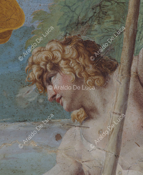 Galería de los Carracci. Fresco de la bóveda con Paris y Mercurio. Detalle con Paris
