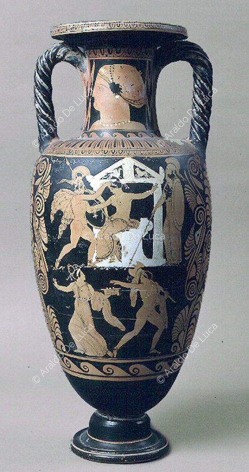 Campanian red-figure amphora: Cassandra with Ajax and Athena