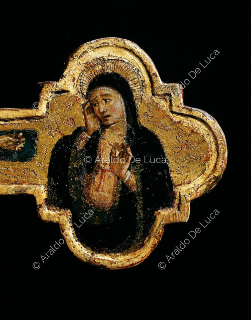 Cross painted on two sides, detail with grieving Madonna