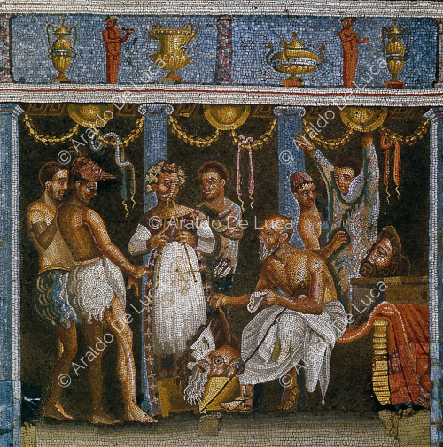Emblem with musician and actors. Mosaic